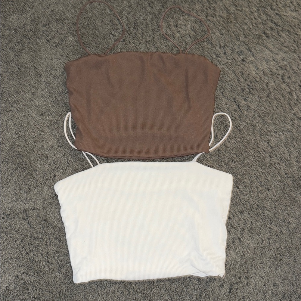 SHEIN Brown and White Strapless Tops